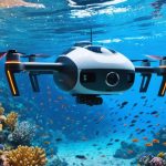 A sophisticated submersible drone exploring a vibrant deep-sea coral reef, surrounded by diverse marine life, representing the technological advancement in marine research.