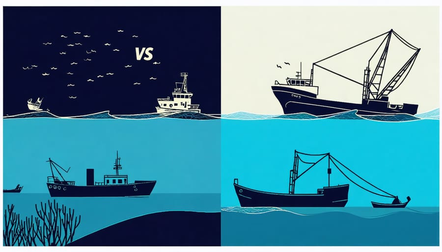 Side-by-side comparison showing selective line fishing versus destructive bottom trawling