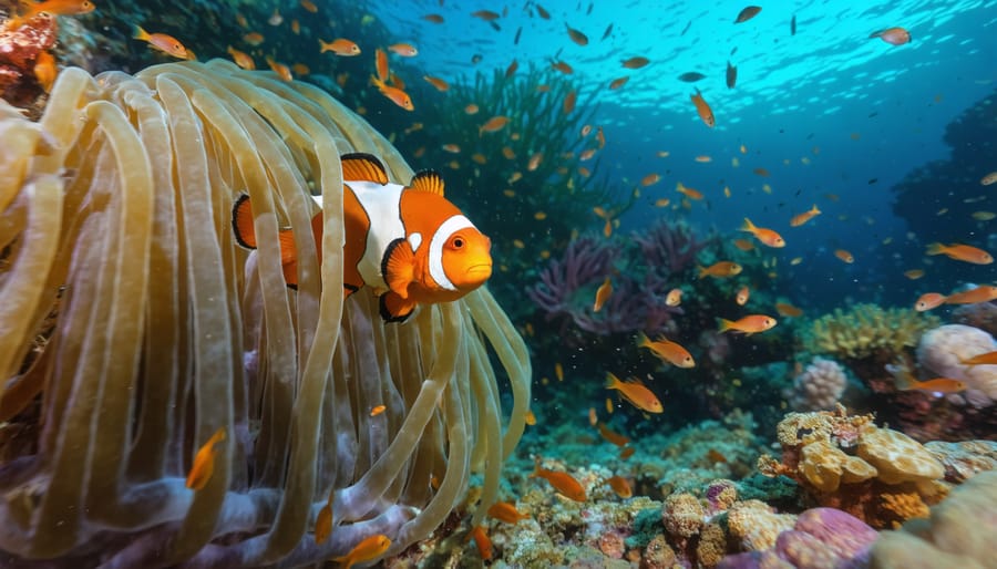 A vivid depiction of a coral reef ecosystem, featuring a clownfish swimming through the tentacles of a sea anemone, showcasing their mutualistic relationship amidst a backdrop of diverse marine life symbolizing genetic exchange and cooperation in ocean survival.