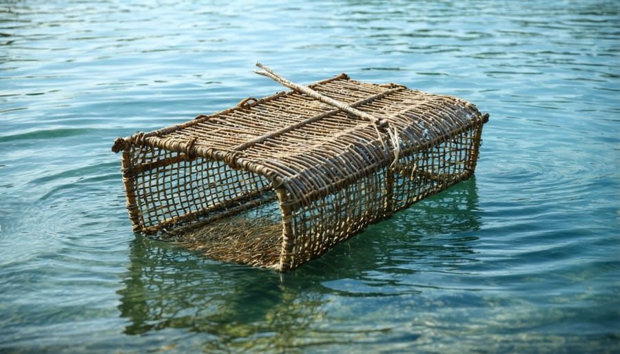 Traditional cylindrical fish trap constructed from bamboo in coastal waters