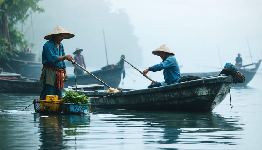 Elder fisherman demonstrating traditional net casting techniques to tourists on a small boat