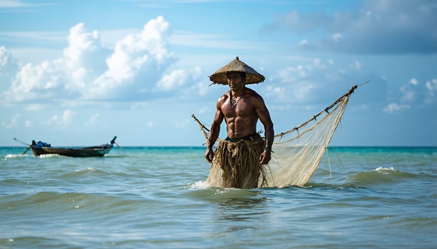 Indigenous Maya fisherman demonstrating traditional fishing techniques with a circular net in the Yucatan waters