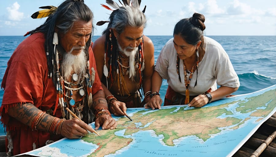 Indigenous elders and scientists examining traditional navigation charts alongside modern marine data displays