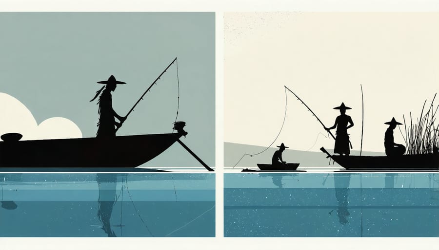 Side-by-side comparison of traditional Indigenous fishing techniques and contemporary marine conservation practices