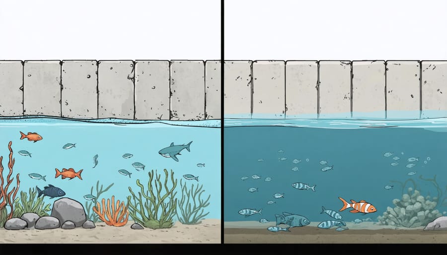 Side-by-side comparison of grey concrete seawall and biodiverse eco-engineered seawall with coral and fish