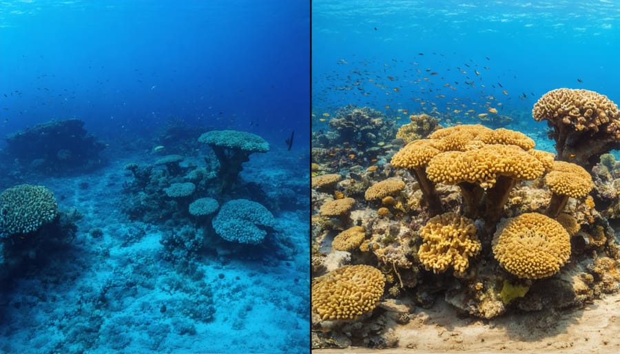 Split image showing contrast between preserved and damaged coral reef ecosystems