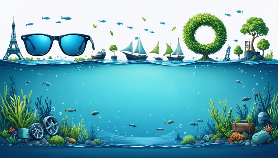 Conceptual illustration showing the transition from a linear to a circular economy in a marine setting, with repurposed fishing gear and sustainable aquaculture, reflecting ocean sustainability initiatives.