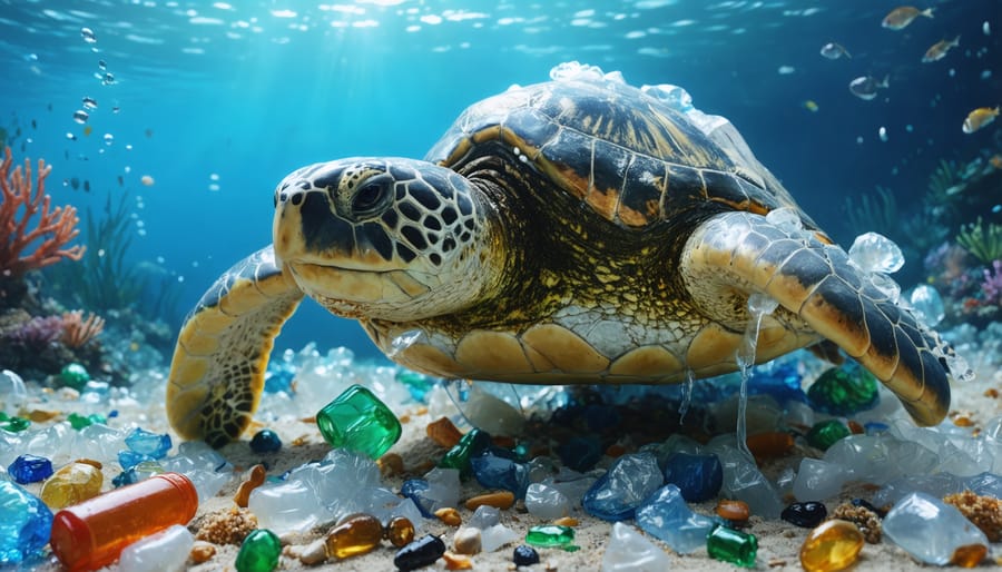 Sea turtle struggling with plastic debris wrapped around its shell and flippers