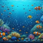 Conceptual illustration of an underwater ecosystem with various marine species interacting symbiotically, including cleaner fish with larger fish, parrotfish grazing among coral, and sea anemones with clownfish, representing the interconnected nature of marine biodiversity.