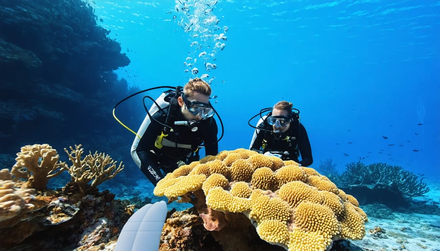 Marine scientist taking measurements of coral reef health using scientific equipment