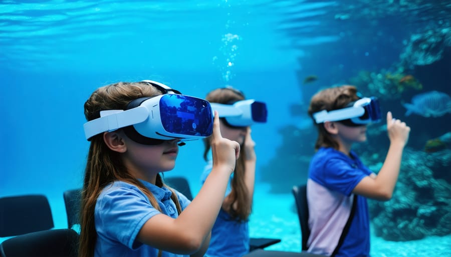 High school students wearing VR headsets while exploring virtual marine ecosystems
