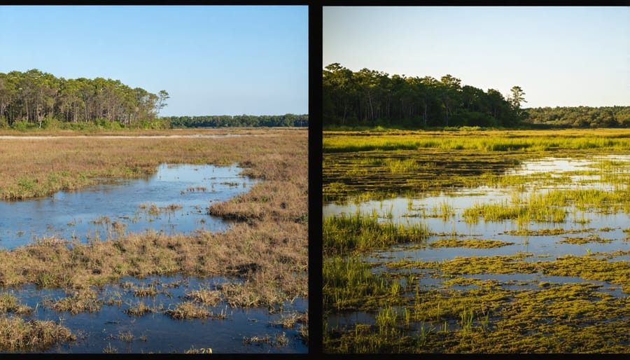 Split view comparison of degraded wetland alongside restored wetland with thriving vegetation and wildlife