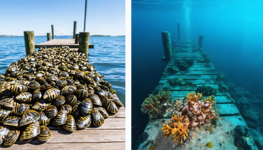 Before and after comparison of zebra mussel invasion on underwater dock structure