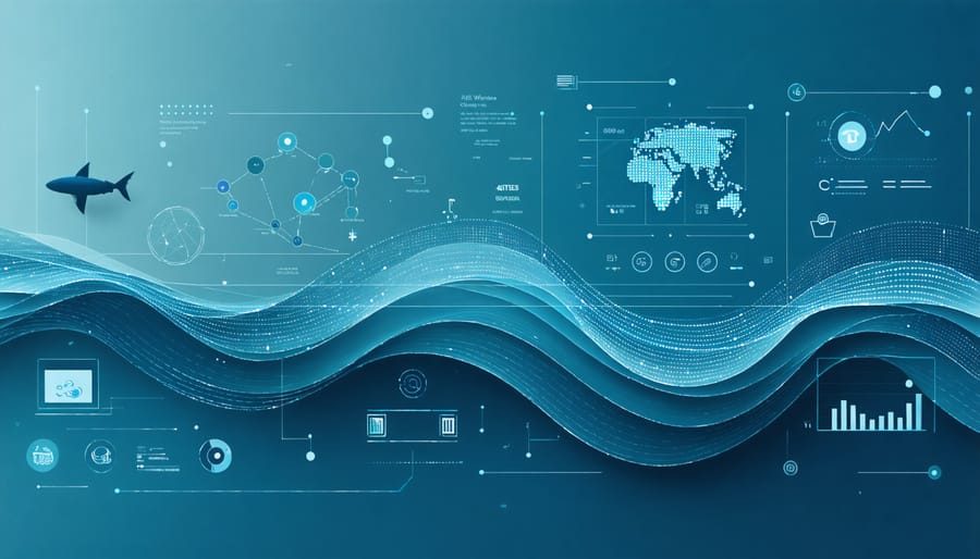 Digital visualization of AI analyzing marine ecosystem data with floating holographic displays