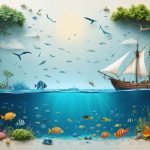 Conceptual depiction of the blending of traditional and modern marine conservation practices, featuring elements like ancient fishing tools and maps alongside modern technology.