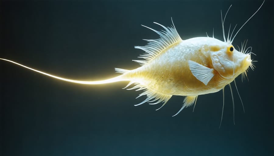 Deep-sea anglerfish displaying its bioluminescent fishing lure against dark background