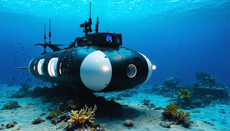 Autonomous Underwater Vehicle hovering over a colorful coral reef while conducting a scanning mission