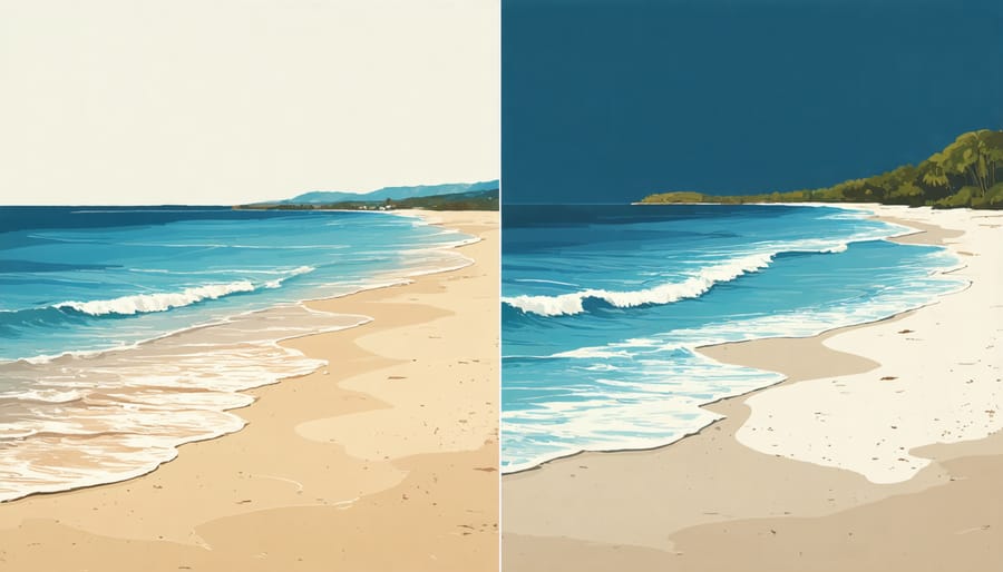 Side-by-side comparison of natural beach ecosystem and urbanized coastline showing environmental impact