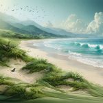An artistic image depicting a healthy beach ecosystem with sand dunes covered in native vegetation, birds nesting in the background, and waves gently hitting the shore, symbolizing the system's role in coastal protection and biodiversity.