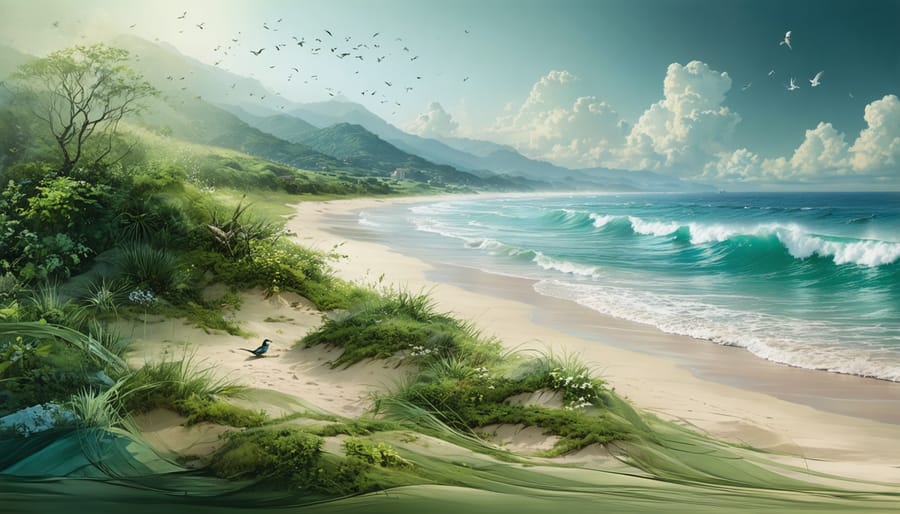 An artistic image depicting a healthy beach ecosystem with sand dunes covered in native vegetation, birds nesting in the background, and waves gently hitting the shore, symbolizing the system's role in coastal protection and biodiversity.