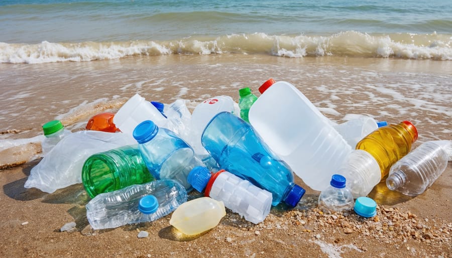 Large amount of plastic debris scattered across a sandy beach, including bottles, bags, and packaging materials