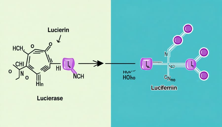 Scientific illustration of the chemical process behind bioluminescence, showing luciferin and luciferase interaction