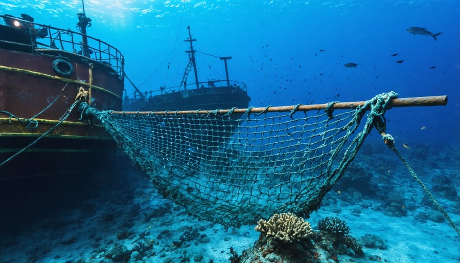 Industrial fishing vessel deploying bottom trawl net with visible destruction to coral reef ecosystem