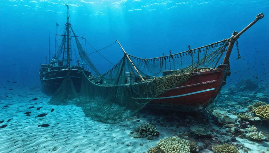 Industrial fishing trawler net damaging underwater ecosystem and seafloor
