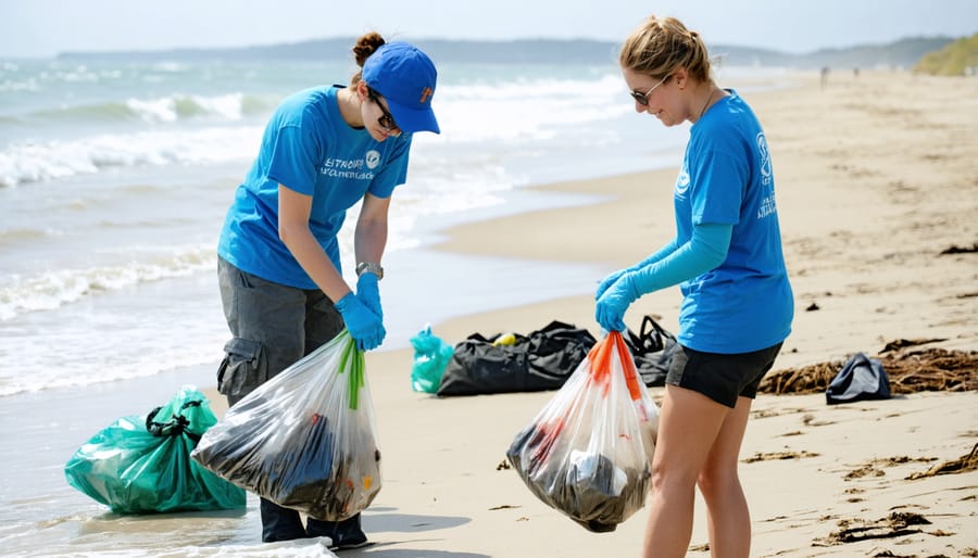 Group of community volunteers documenting marine debris while cleaning a beach