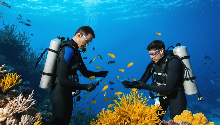 Volunteer divers working with scientists to monitor coral reef health in a marine protected area