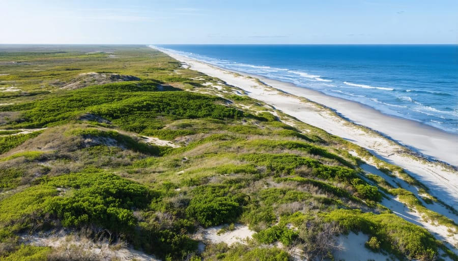 Aerial photograph showing sand dunes with sea grass and natural vegetation protecting the coastline