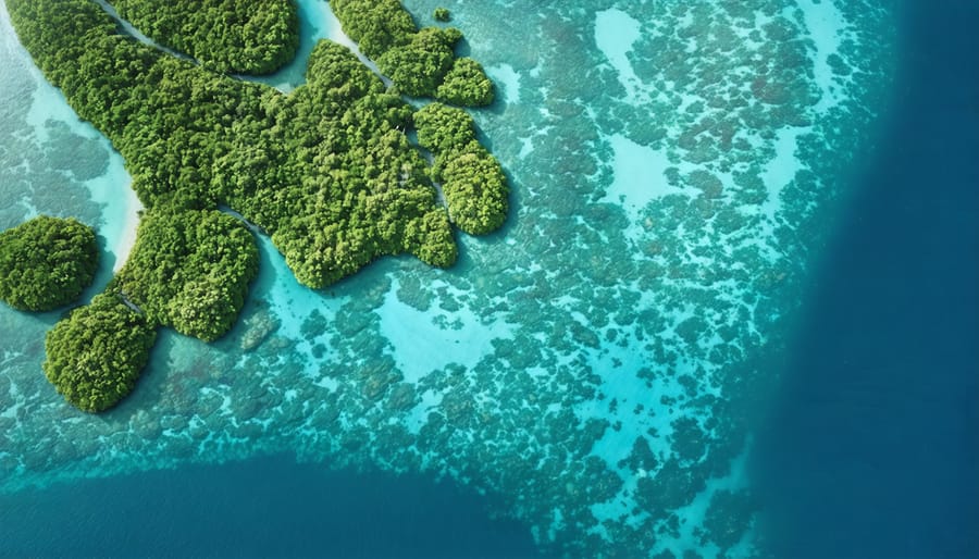 Aerial photograph of a diverse coastal marine ecosystem with visible mangroves and coral reefs