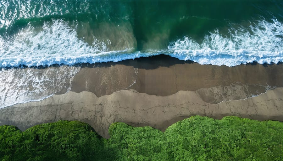 Half-underwater view of waves breaking over seagrass beds protecting the coastline