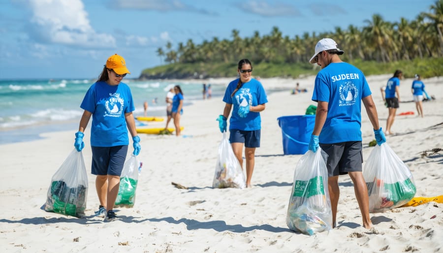 Diverse group of volunteers collecting marine debris during a beach cleanup initiative