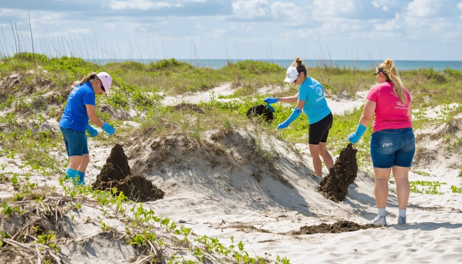Group of diverse volunteers planting native vegetation on sand dunes as part of conservation effort
