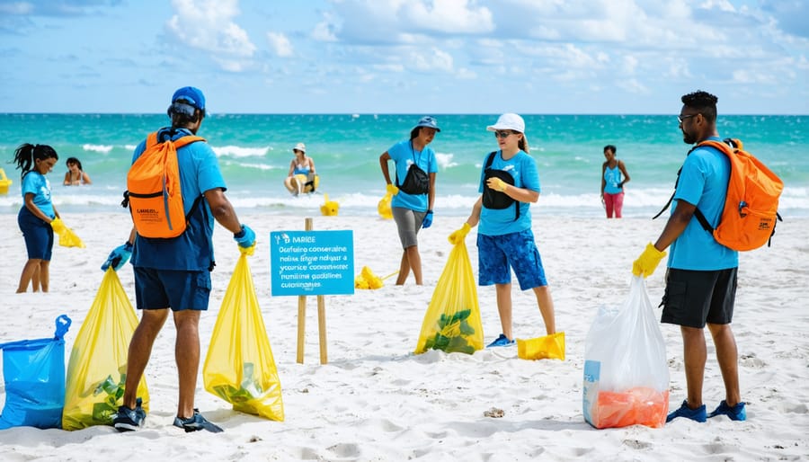Volunteers participating in marine conservation zone stewardship activities on a beach