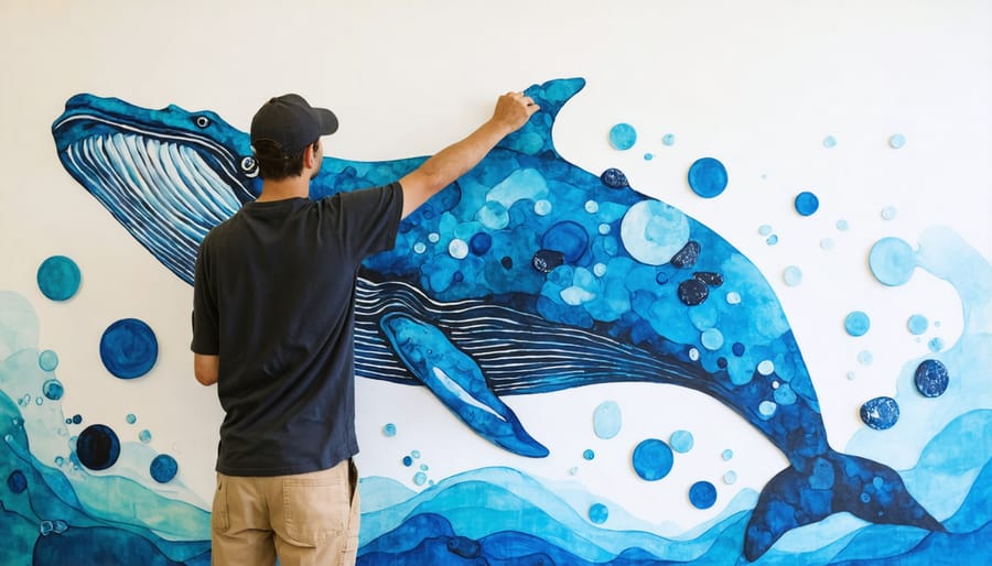 Indigenous artist creating modern conservation-themed mural featuring traditional whale imagery