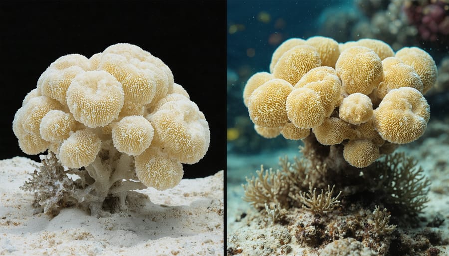 Side-by-side comparison of bleached coral and healthy heat-resistant coral in warm waters