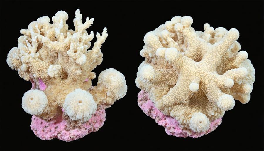 Split image showing vibrant colored healthy coral on left and white bleached coral on right