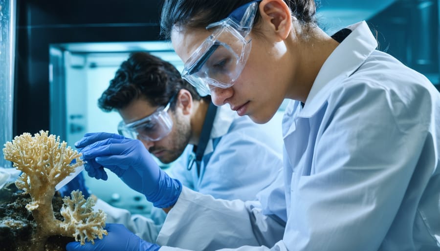 Marine biologists analyzing coral DNA samples using advanced sequencing equipment