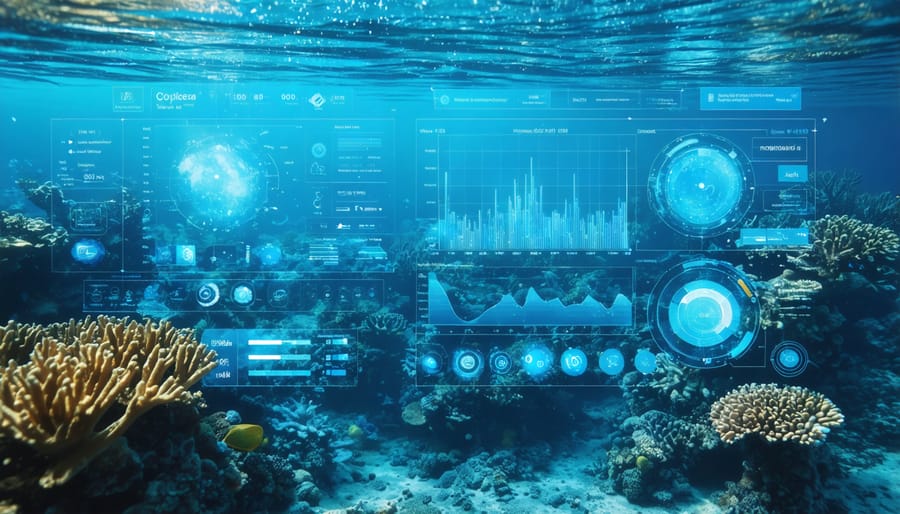 Autonomous underwater vehicle monitoring coral reef with visible data overlay