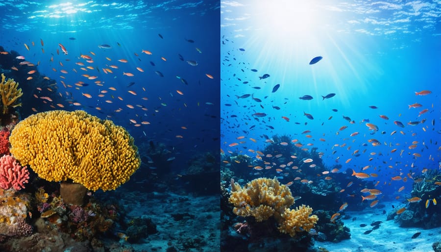 Split image comparing a vibrant coral reef ecosystem with a barren, overfished reef