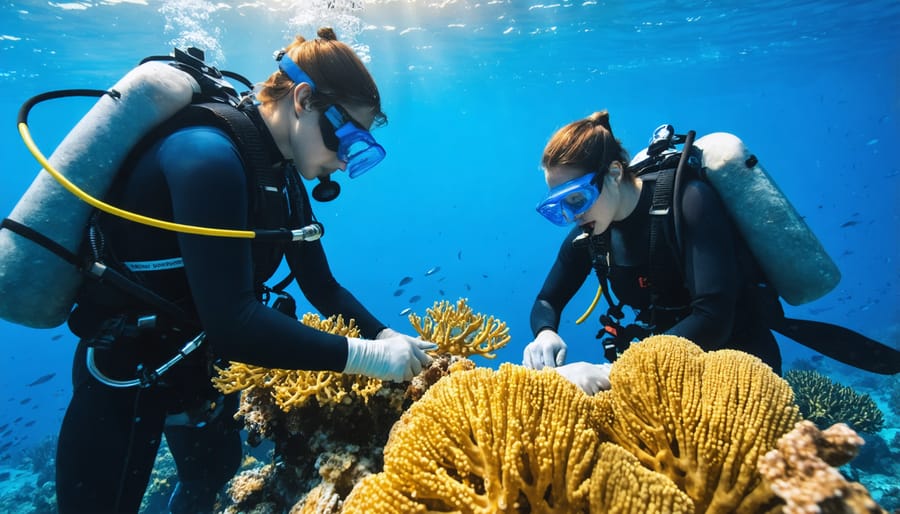 Marine scientists performing coral reef monitoring and data collection