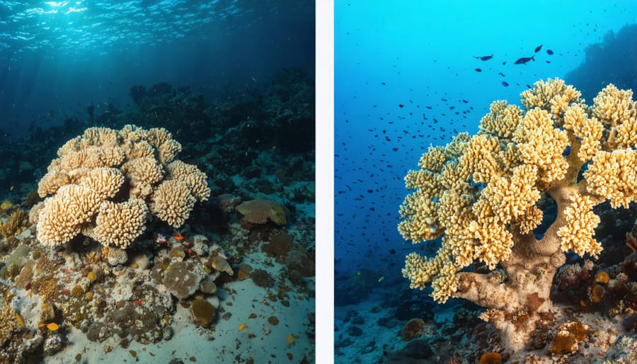 Split image showing damaged coral reef and its successful restoration