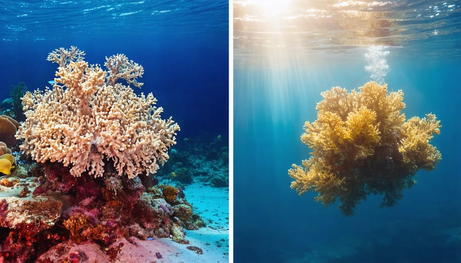 Comparison of damaged coral reef before restoration and thriving coral reef after genomics-guided restoration