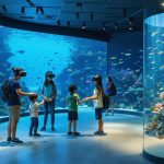 Visitors engrossed in interactive exhibits at the Coral Restoration Foundation's Exploration Center, featuring vibrant coral displays, virtual reality experiences, and live coral nursery demonstrations.