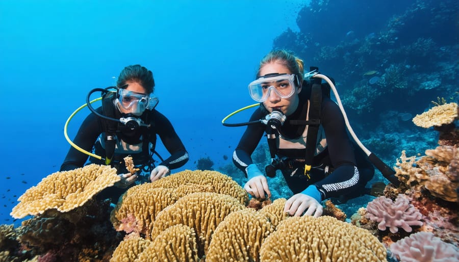 Scuba divers attaching cultivated coral fragments to reef restoration structure