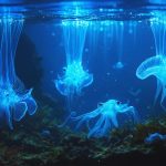 An artistic depiction of the deep ocean showing various bioluminescent creatures like anglerfish and firefly squid, emitting ethereal blue and green glows in the dark water to illustrate bioluminescence as a survival adaptation.