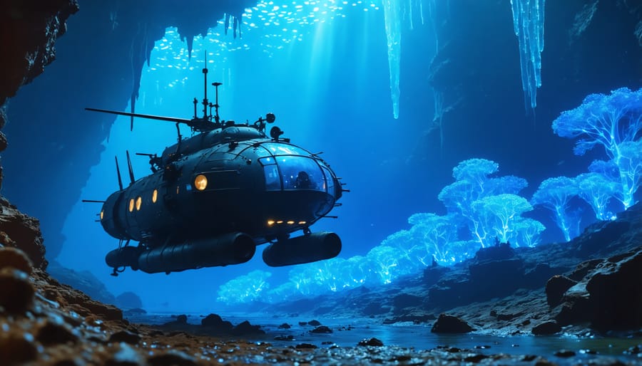 Deep-sea research submersible exploring bioluminescent marine life near a hydrothermal vent