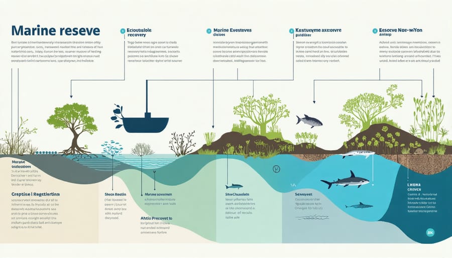 Visual timeline depicting stages of marine ecosystem recovery after reserve establishment